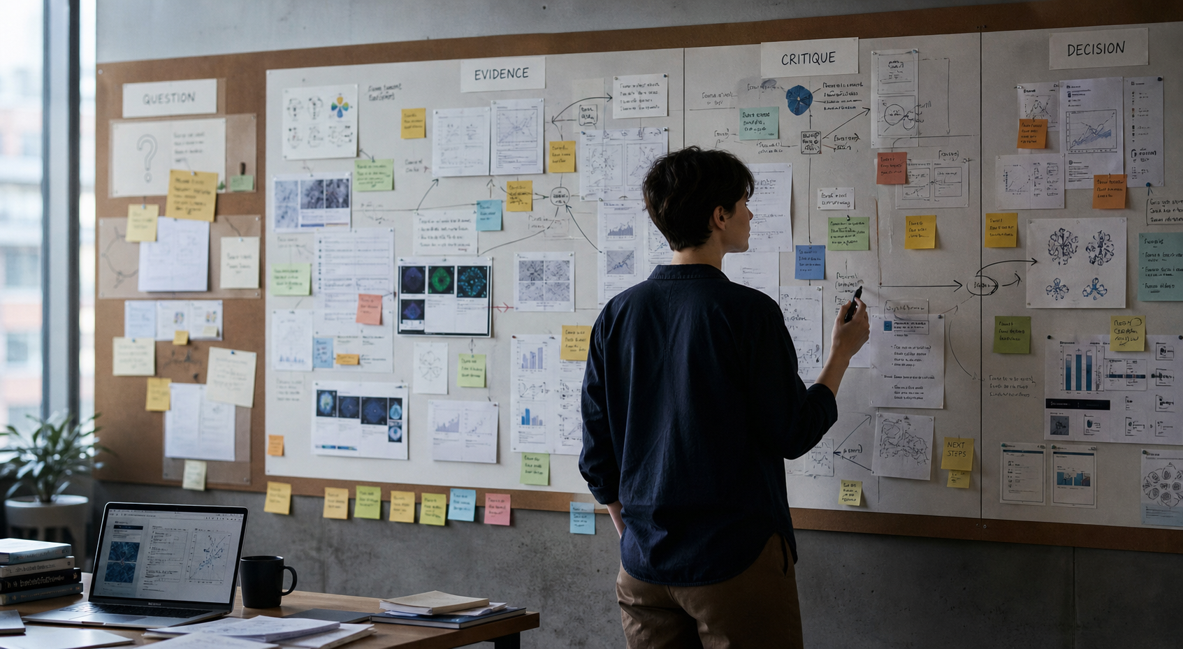 Researcher reviewing notes, evidence, and options on a decision wall