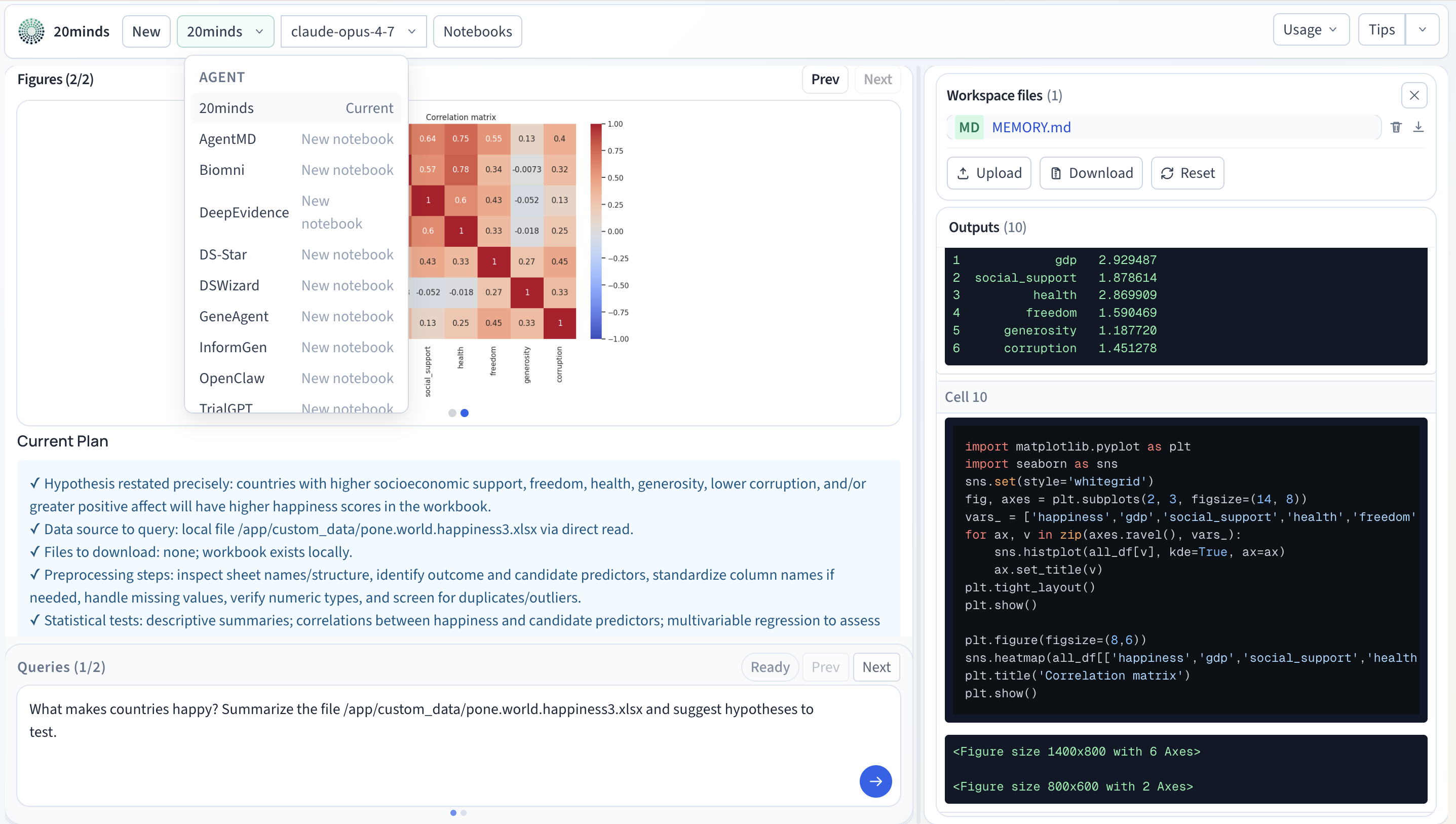 20minds Co-Scientist workspace showing agent output, code, and controls